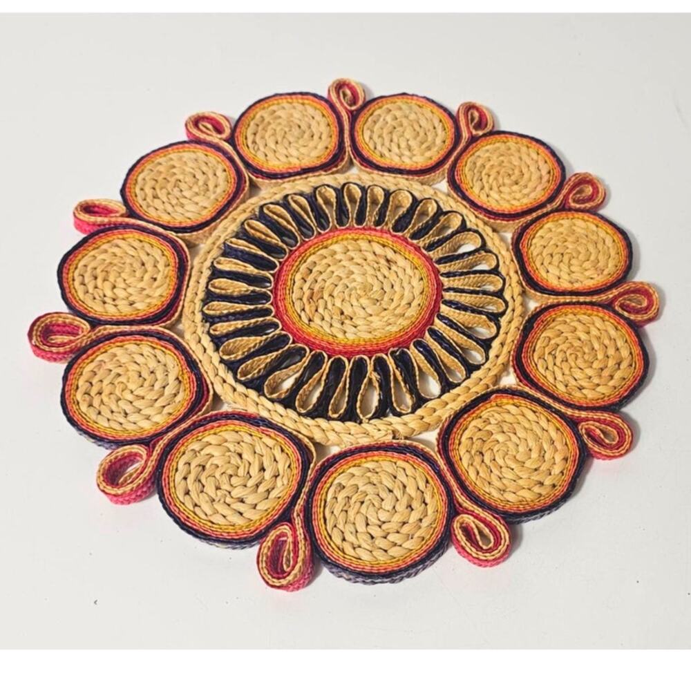 Vintage 1980s Cost Plus Woven Straw Raffia Trivet 9” Boho Kitchen Decor
